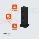 Porodo Three-Story 12AC Power Hub With USB-C PD & Quick Charge 3.0 - Black Marhaba International