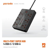 Porodo 6 AC 2 USB-A 24W & 4 USB-C PD 36W Multi-Port Super Hub 2M 3000W UK - Black Marhaba International