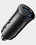 Anker PowerDrive Dual Port Car Charger / Fast Charging / 30W / Over Current Protection / 22.5W Max USB-A / 30W Max USB-C / A2741H11 - Black