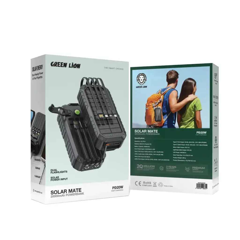 Green Lion Solar Mate power bank 20000 - Solar Charging & Hand Crank | 22.5W Fast Charge Green Lion Solar Mate power bank 20000 - Solar Charging & Hand Crank | 22.5W Fast Charge
