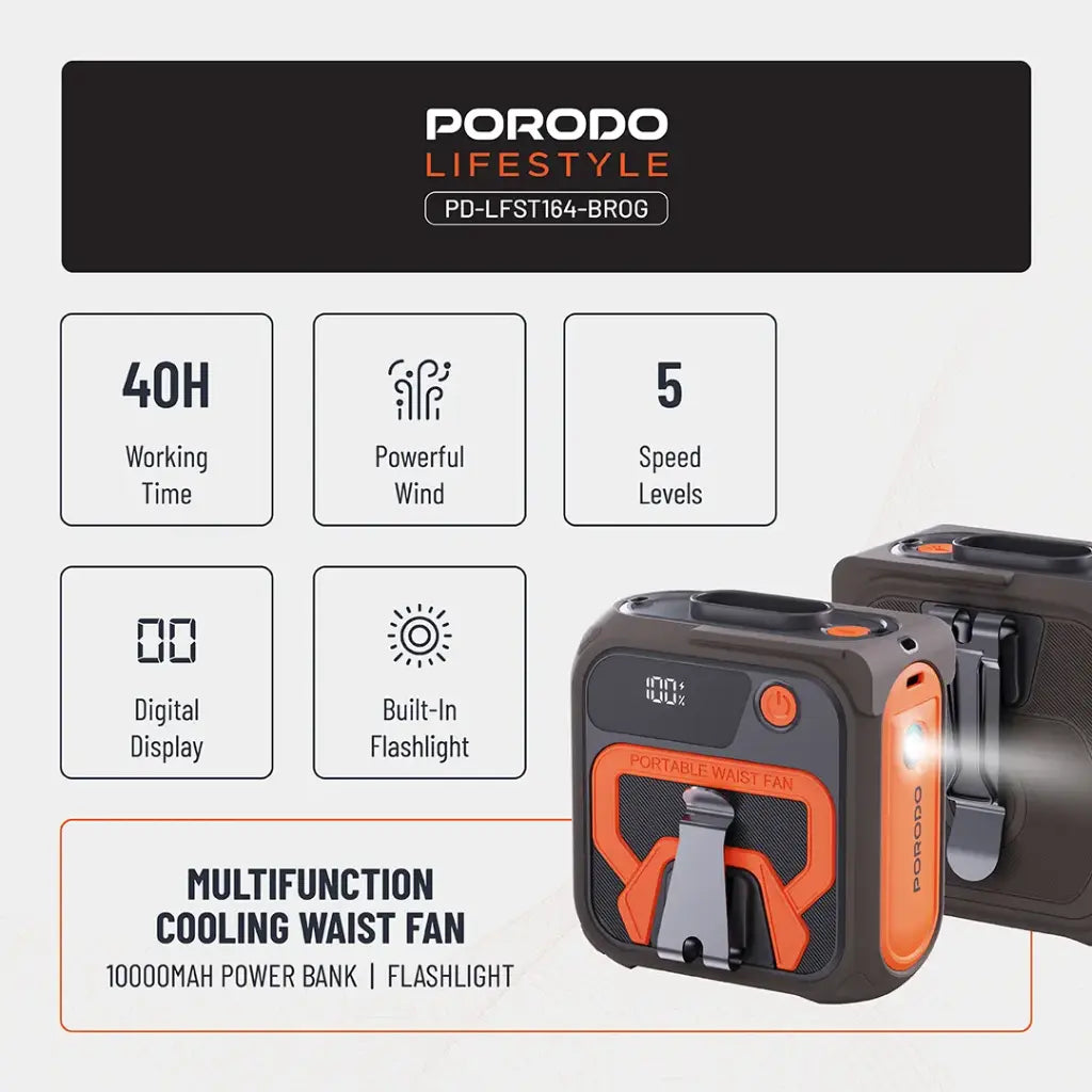 Porodo Lifestyle Multifunction Cooling Waist Fan - Brown/Orange Porodo Lifestyle Multifunction Cooling Waist Fan - Brown/Orange