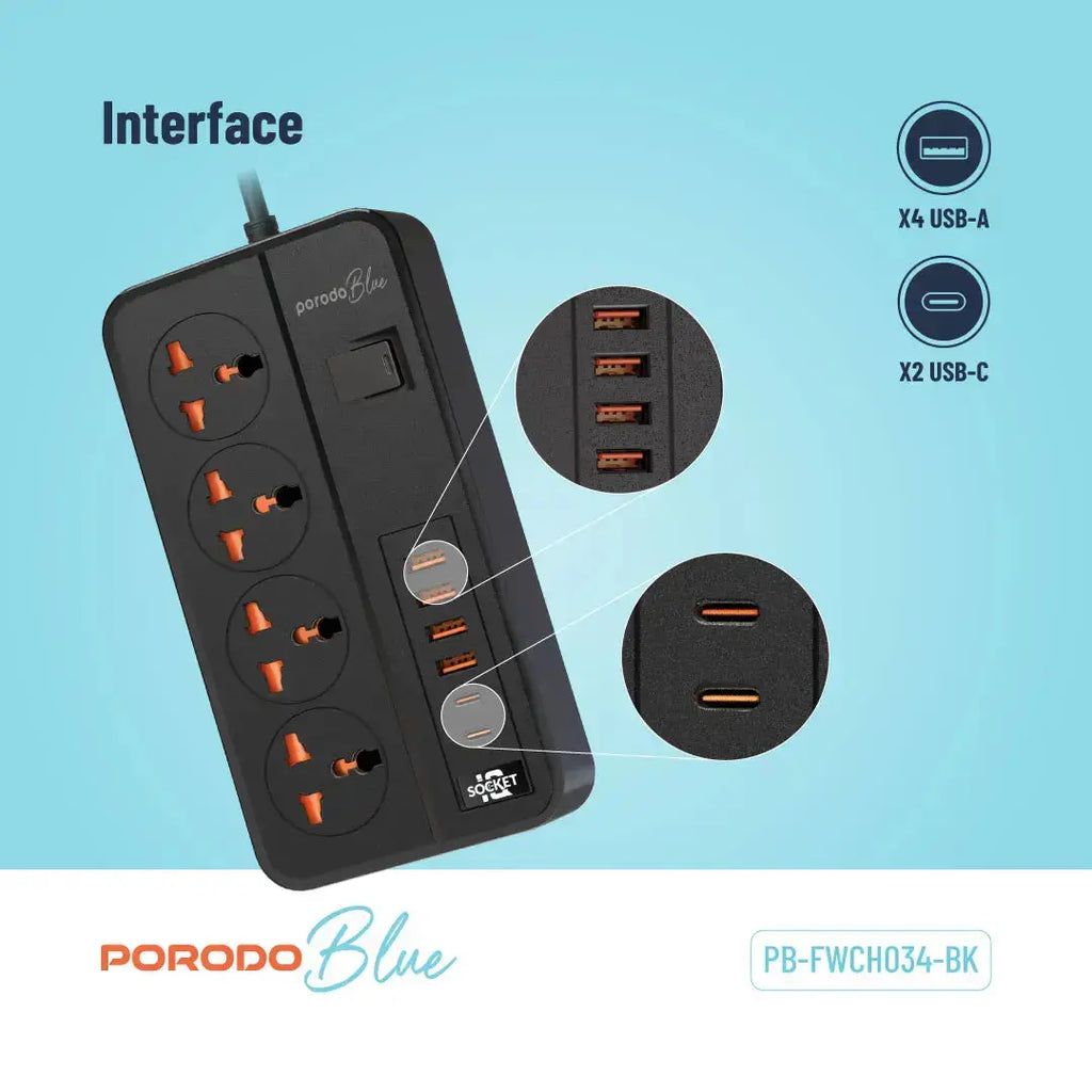 Porodo Blue 4 AC Power Strip - Black Porodo Blue 4 AC Power Strip - Black