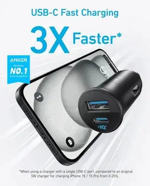 Anker PowerDrive Dual Port Car Charger / Fast Charging / 30W / Over Current Protection / 22.5W Max USB-A / 30W Max USB-C / A2741H11 - Black Anker PowerDrive Dual Port Car Charger / Fast Charging / 30W / Over Current Protection / 22.5W Max USB-A / 30W Max USB-C / A2741H11 - Black