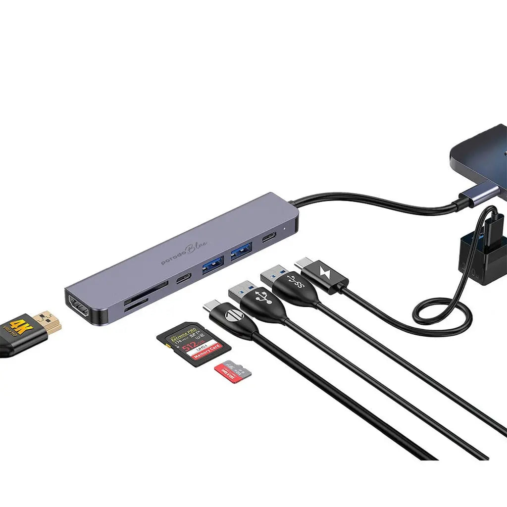 Porodo Blue 7 In 1 Hub HDMI 2XUSB-A 2XUSB-C SD MicroSD Porodo Blue 7 In 1 Hub HDMI 2XUSB-A 2XUSB-C SD MicroSD