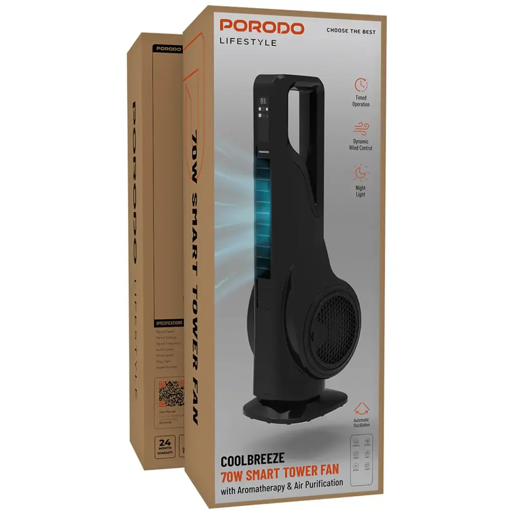Porodo Lifestyle Coolbreeze 70W Smart Tower Fan with Aromatherapy & Air Purification Porodo Lifestyle Coolbreeze 70W Smart Tower Fan with Aromatherapy & Air Purification