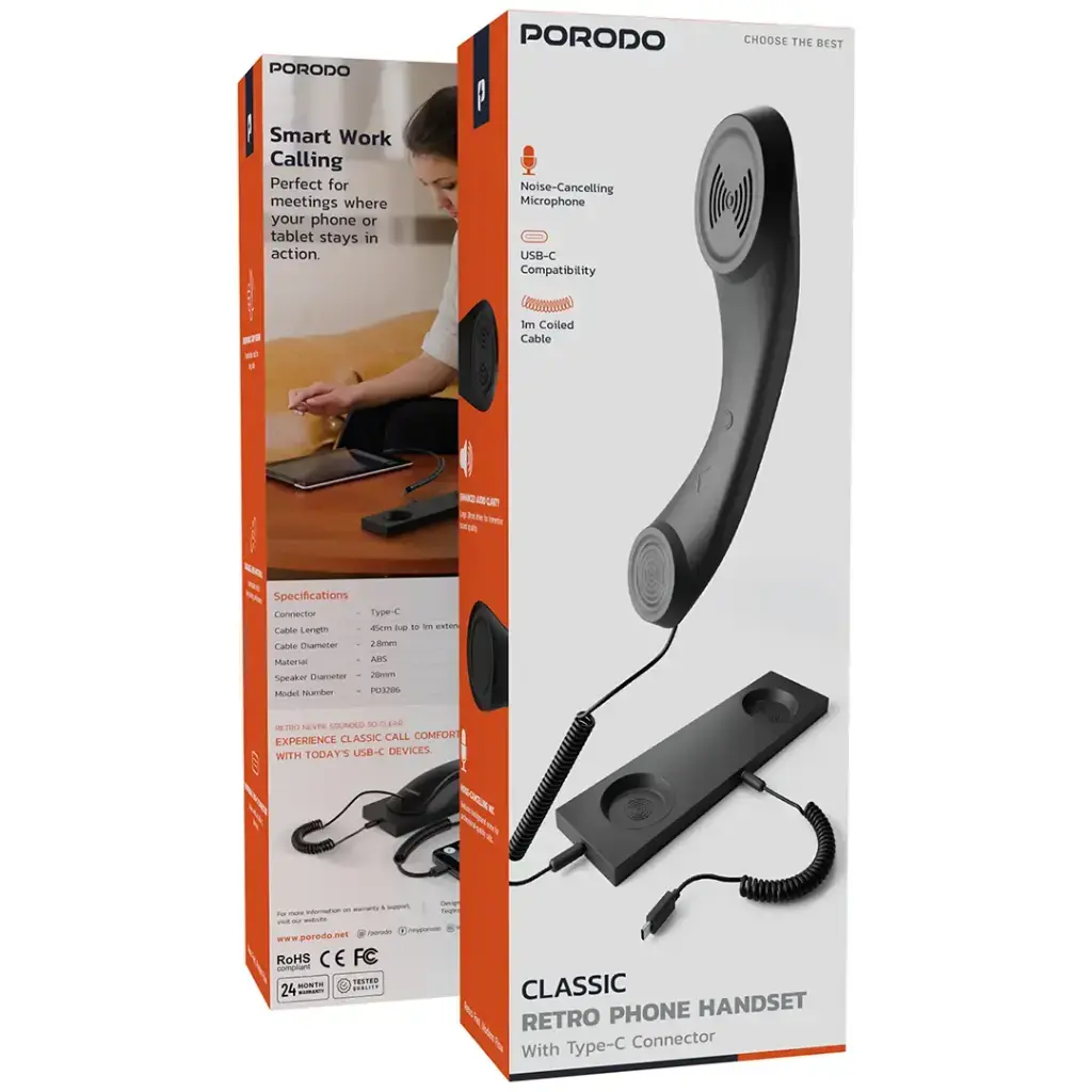 Porodo Classic Retro Phone Handset with Type-C Connector - Black Porodo Classic Retro Phone Handset with Type-C Connector - Black