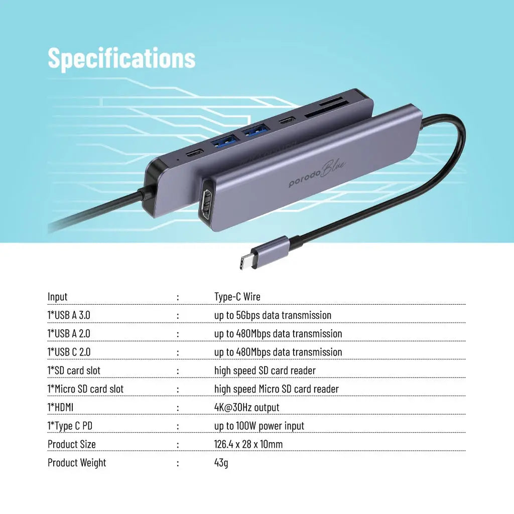 Porodo Blue 7 In 1 Hub HDMI 2XUSB-A 2XUSB-C SD MicroSD Porodo Blue 7 In 1 Hub HDMI 2XUSB-A 2XUSB-C SD MicroSD