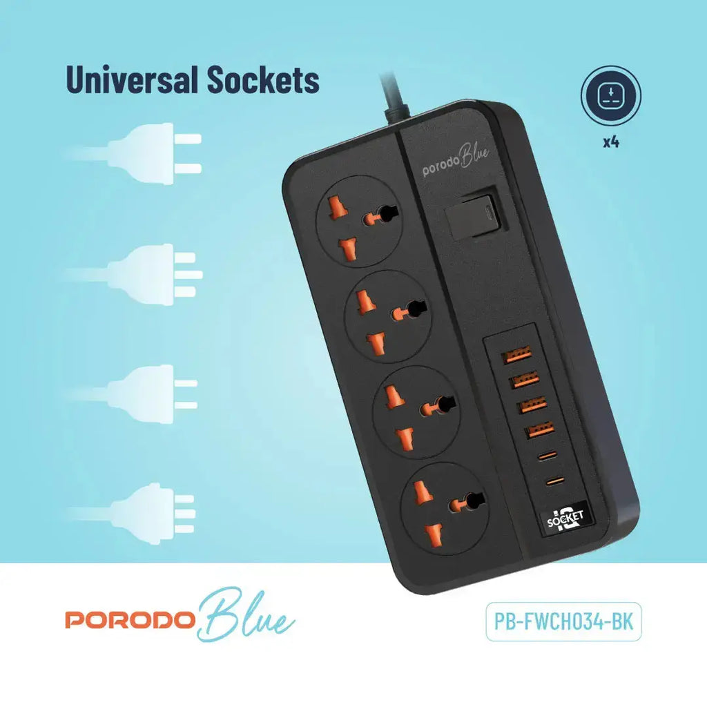 Porodo Blue 4 AC Power Strip - Black Porodo Blue 4 AC Power Strip - Black
