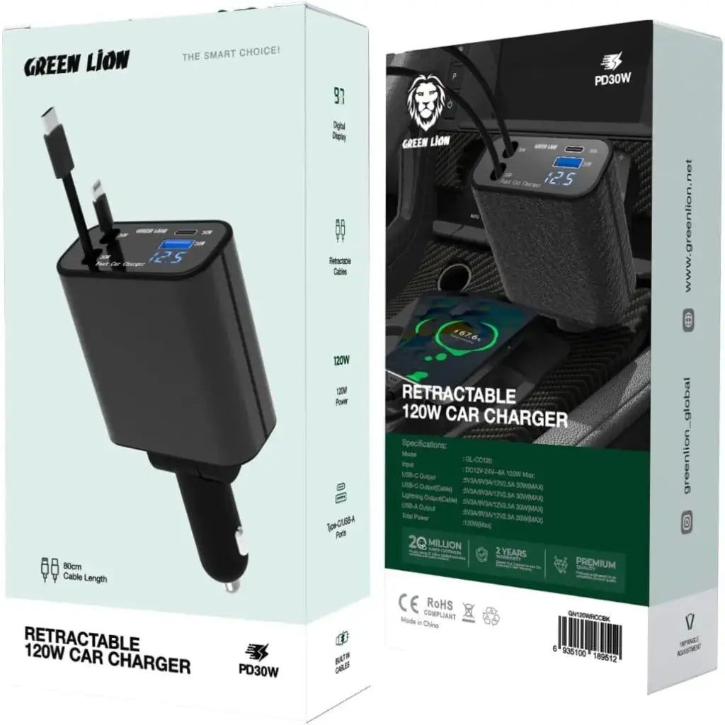 Green Lion Retractable 120W Car Charger GL-CC120 GN120WRCCBK Green Lion Retractable 120W Car Charger GL-CC120 GN120WRCCBK