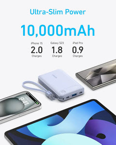 Anker Power Bank, 10,000mAh Portable Charger with Built-in USB-C Cable and Lanyard, 22.5W Max Output with 2 USB-C and 1 USB-A Port, Battery Pack for iPhone 15/14, Galaxy S23, iPad, AirPods, and More