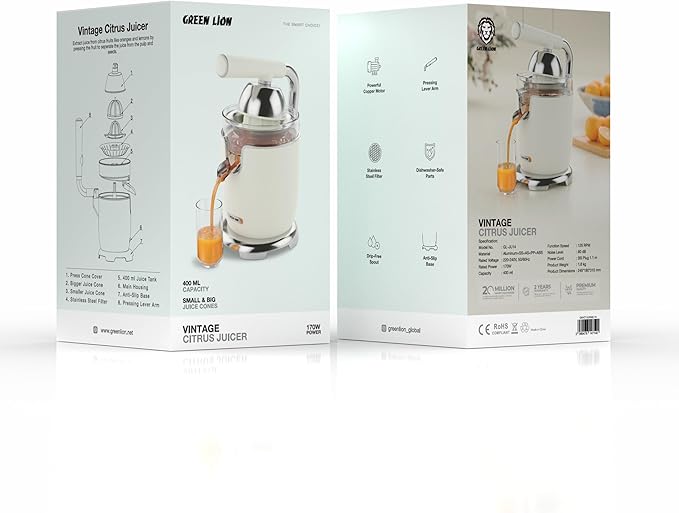 Green Lion Vintage Citrus Juicer with 400mL Capacity, Aluminum + SS + AS + PP + ABS Material, BS Power Plug, 1.1m Cable Length, Small and Large Juice Cones, Anti-Slip Base - Cream
