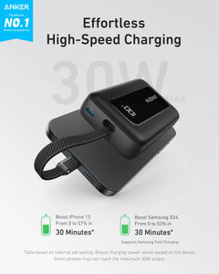 Anker Zolo Power Bank (10K, 30W, Built-In USB-C Cable)A1688H11