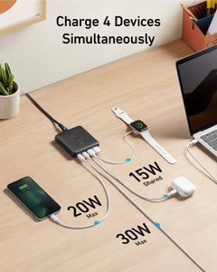 شاحن Anker USB C، 543 (65 واط II)، PIQ 3.0 وGaN 4-Port Slim Fast Wall Charger (A2046K11) 