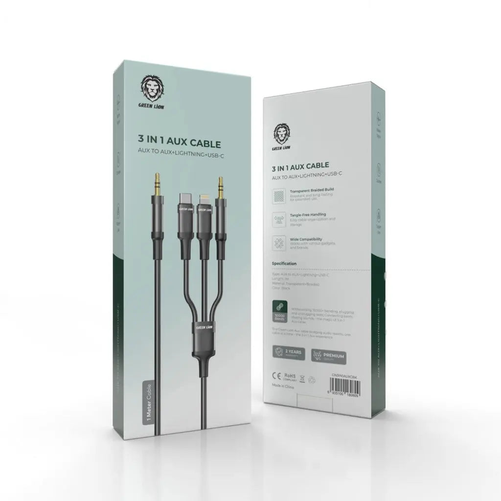 Green Lion 3 in 1 AUX Cable ( AUX / Lightning / USB-C ) 1M - Black Green Lion 3 in 1 AUX Cable ( AUX / Lightning / USB-C ) 1M - Black