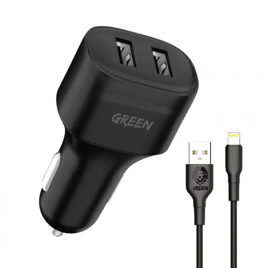 Green Dual Port Car Charger 12W with PVC Lightning Cable 1.2M - Black Green Dual Port Car Charger 12W with PVC Lightning Cable 1.2M - Black