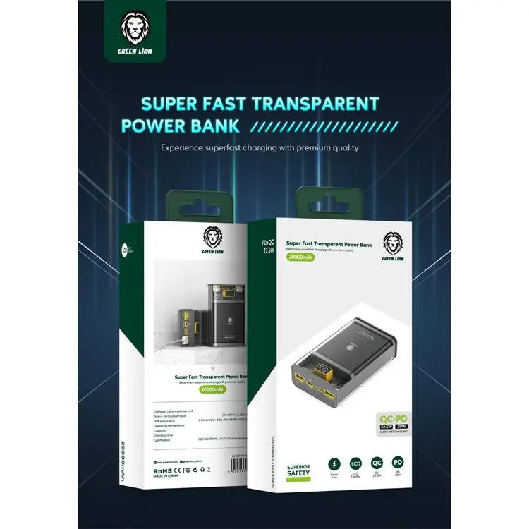 Green Lion Super Fast Transparent Power Bank 20000 mAh ( QC 22.5W + PD 20W ) - Black Green Lion Super Fast Transparent Power Bank 20000 mAh ( QC 22.5W + PD 20W ) - Black