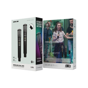 Green Lion Wireless Dual Cordless Dynamic Microphones with 800mAh Battery Capacity, Rechargeable Lithium Battery, Type-C Charging Port, 2-5 Hours Working Time, LCD Display, Plug & Play - Black