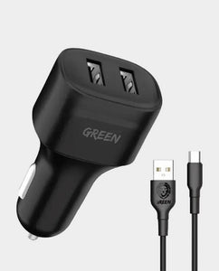 Green Lion Dual Port Car Charger 12W with PVC Type-C Cable 1.2M - Black