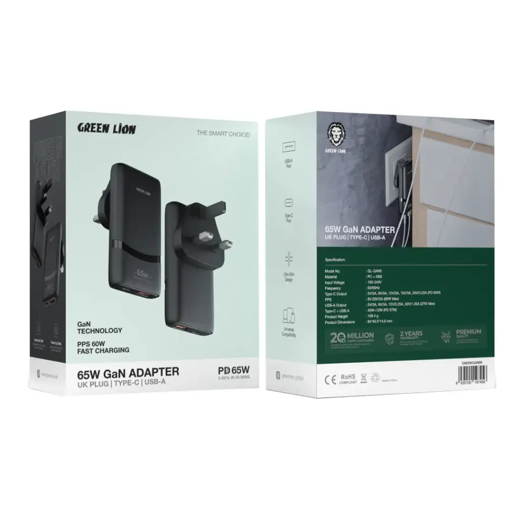 Green Lion 65W Gan Adapter Type-C Ports | UK Plug - Black