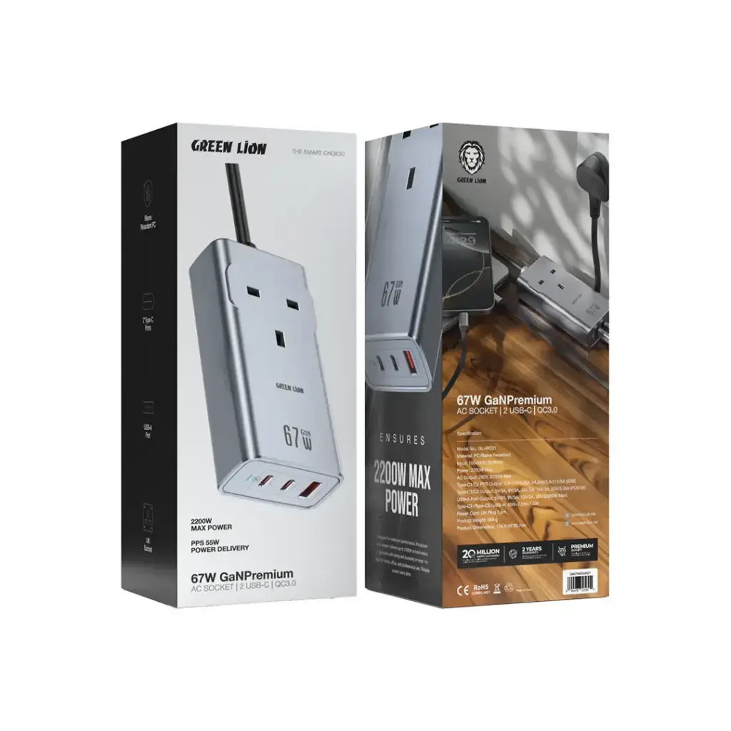 Green Lion 67W GaN Premium AC Socket - Gray Green Lion 67W GaN Premium AC Socket - Gray