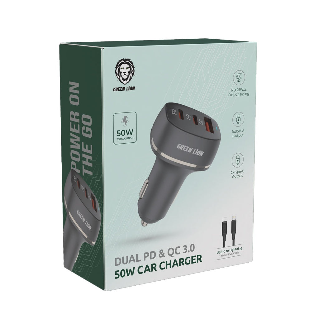 Green Lion Dual PD & QC 3.0 50W Car Charger - Black