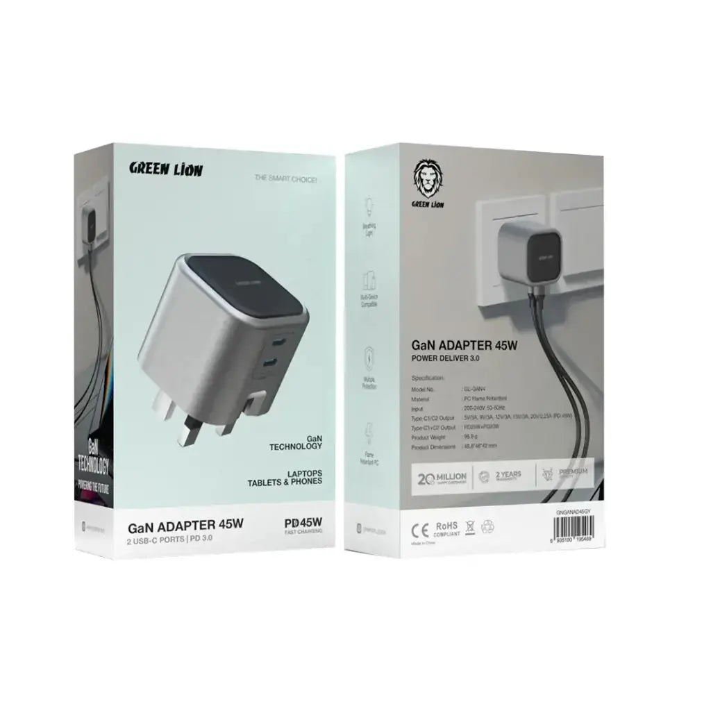 Green Lion GaN Adapter 45W 2 USB-C Ports - Grey Green Lion GaN Adapter 45W 2 USB-C Ports - Grey