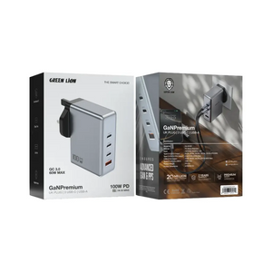 Green Lion GaN Premium UK Plug Wall Charger 100W - Gray