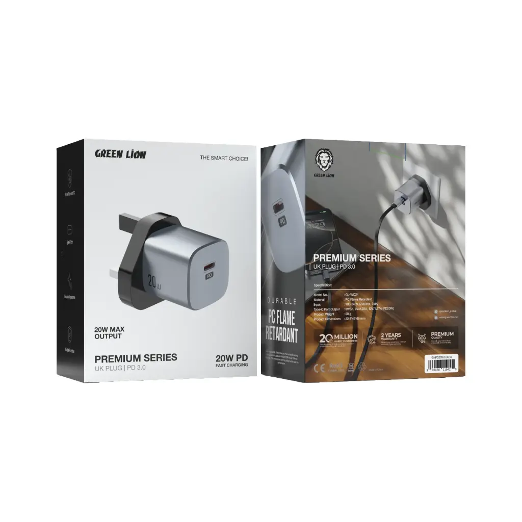 Green Lion Premium Series UK Plug Wall Charger 20W - Gray