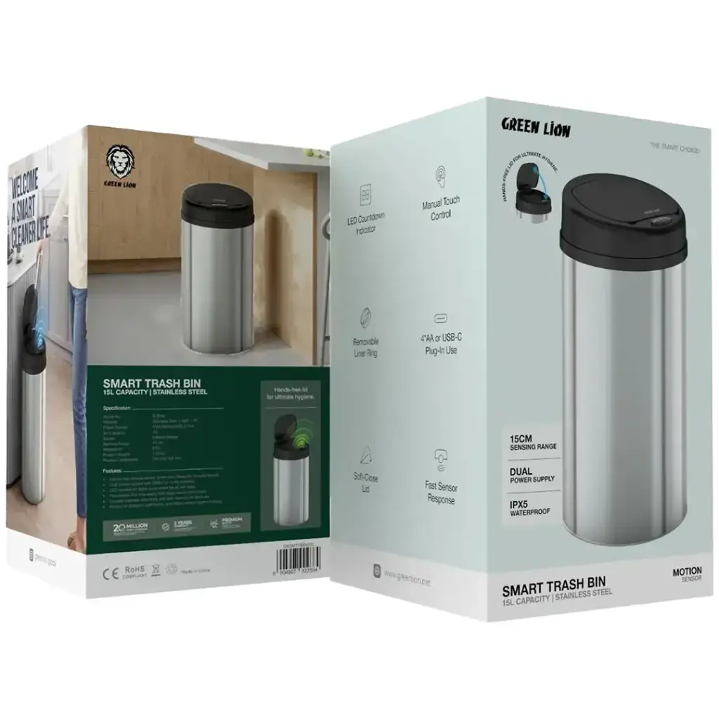 Green Lion Smart Trash Bin with 15L Capacity & Stainless Steel Material - Silver Green Lion Smart Trash Bin with 15L Capacity & Stainless Steel Material - Silver