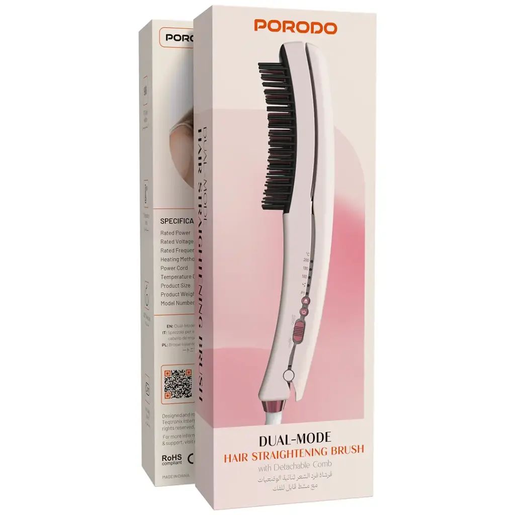 Porodo Dual-Mode Hair Straightening Brush with Detachable Comb - Pink Porodo Dual-Mode Hair Straightening Brush with Detachable Comb - Pink