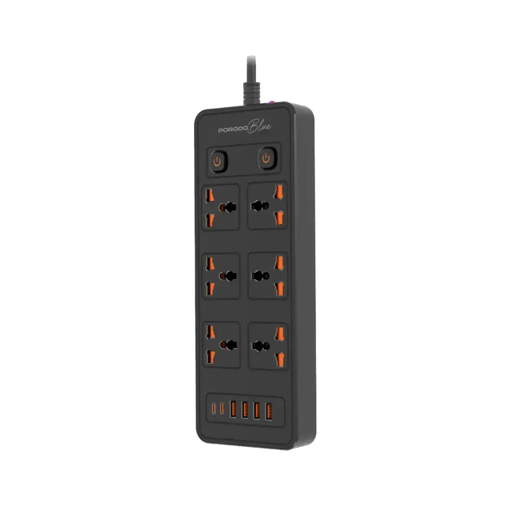 Porodo Blue 6 AC - Dual Switch Power Strip - Black Porodo Blue 6 AC - Dual Switch Power Strip - Black