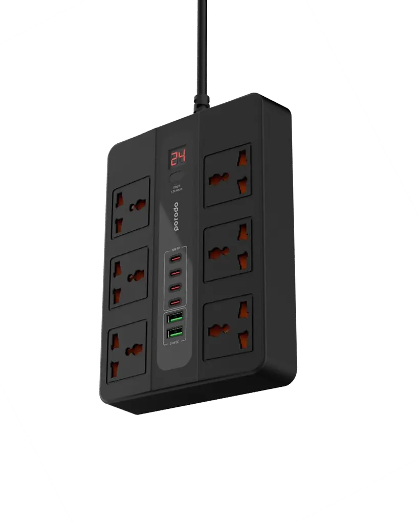 Porodo 6 AC 2 USB-A 24W & 4 USB-C PD 36W Multi-Port Super Hub 2M 3000W UK - Black Porodo 6 AC 2 USB-A 24W & 4 USB-C PD 36W Multi-Port Super Hub 2M 3000W UK - Black