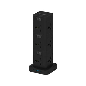 Porodo Three-Story 12AC Power Hub With USB-C PD & Quick Charge 3.0 - Black