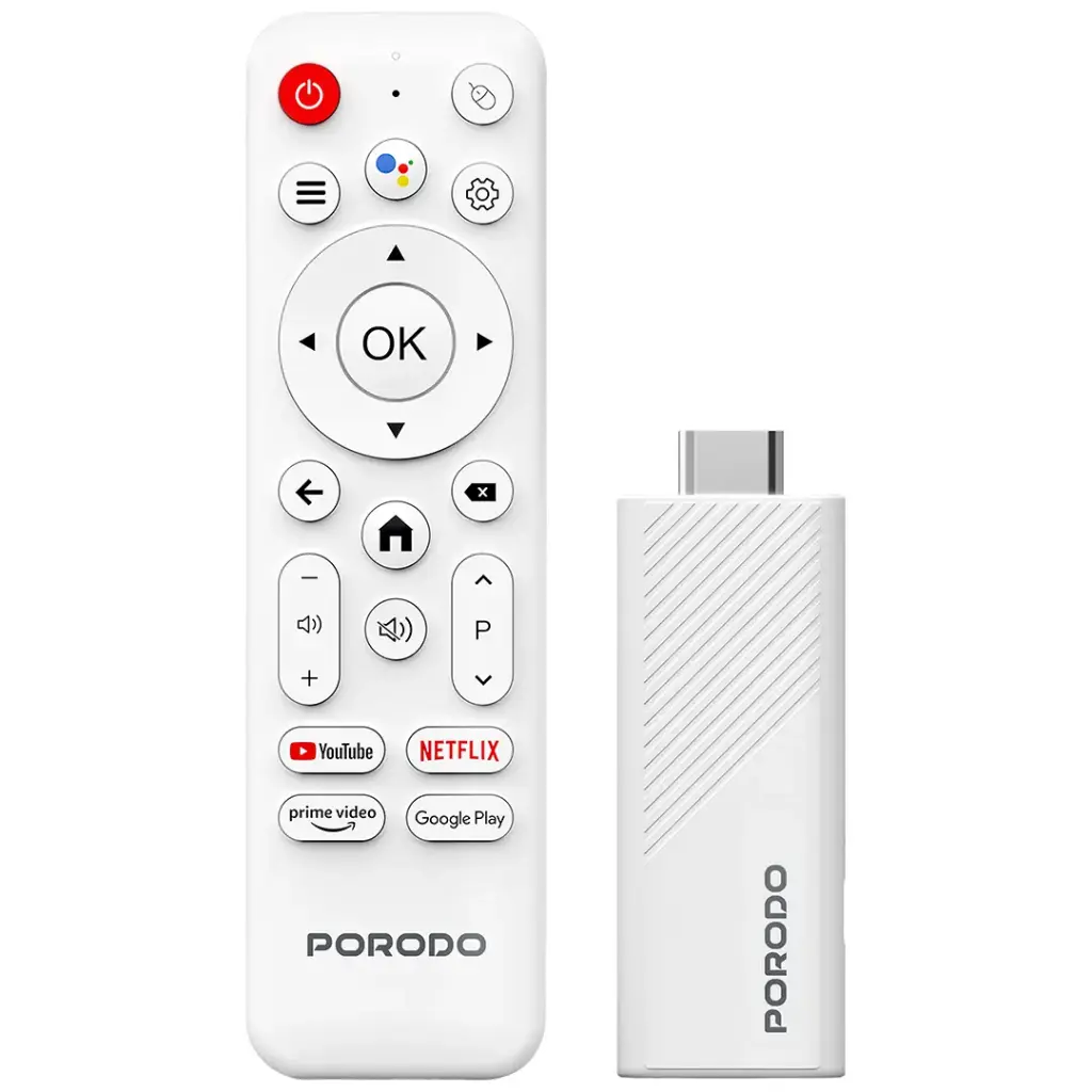 Porodo 4k Android Smart Streaming TV Stick with Google Assistant & Voice Control - White