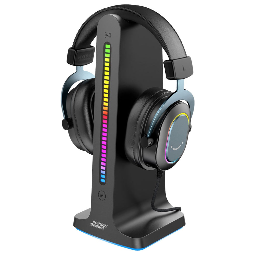 حامل سماعة رأس Porodo Gaming RGB Dynamic Sound Lighting مع تخزين الكابلات 300 مللي أمبير - أسود 