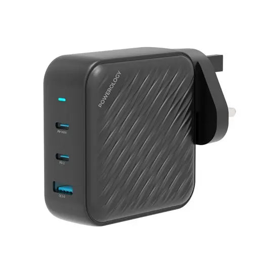 Powerology 140W PD QC 2xUSB-C and 1xUSB-A GaN Charger UK - Black Powerology 140W PD QC 2xUSB-C and 1xUSB-A GaN Charger UK - Black