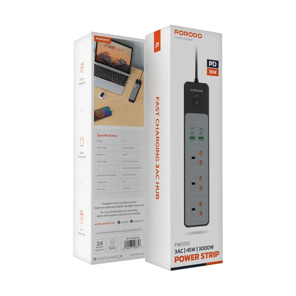Porodo 3AC | 45W | 300W Power Strip - Black Porodo 3AC | 45W | 300W Power Strip - Black