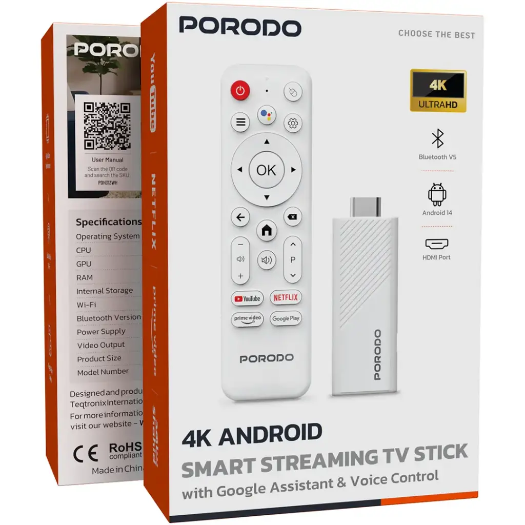 Porodo 4k Android Smart Streaming TV Stick with Google Assistant & Voice Control - White