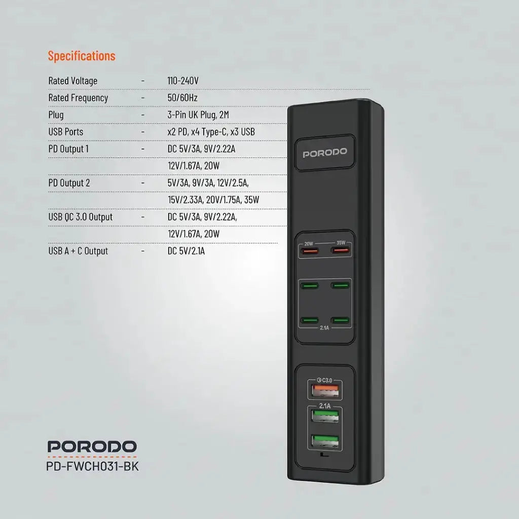Porodo 85W Multi-Port USB Charging HUB - Black Porodo 85W Multi-Port USB Charging HUB - Black