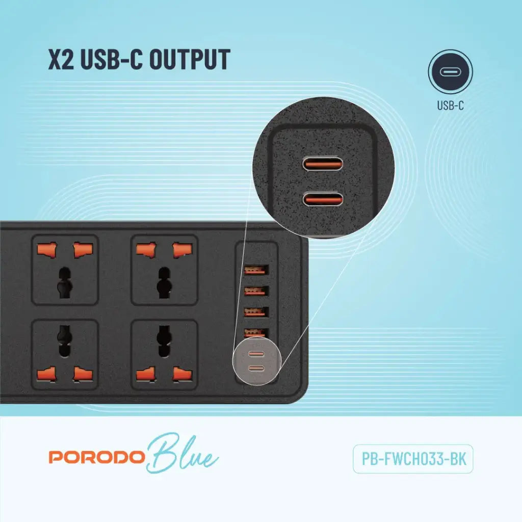 شريط طاقة Porodo Blue 6 AC - ثنائي المفتاح