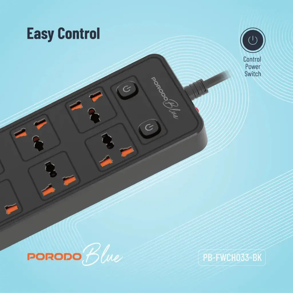 Porodo Blue 6 AC - Dual Switch Power Strip - Black