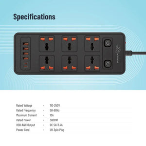 Porodo Blue 6 AC - Dual Switch Power Strip - Black