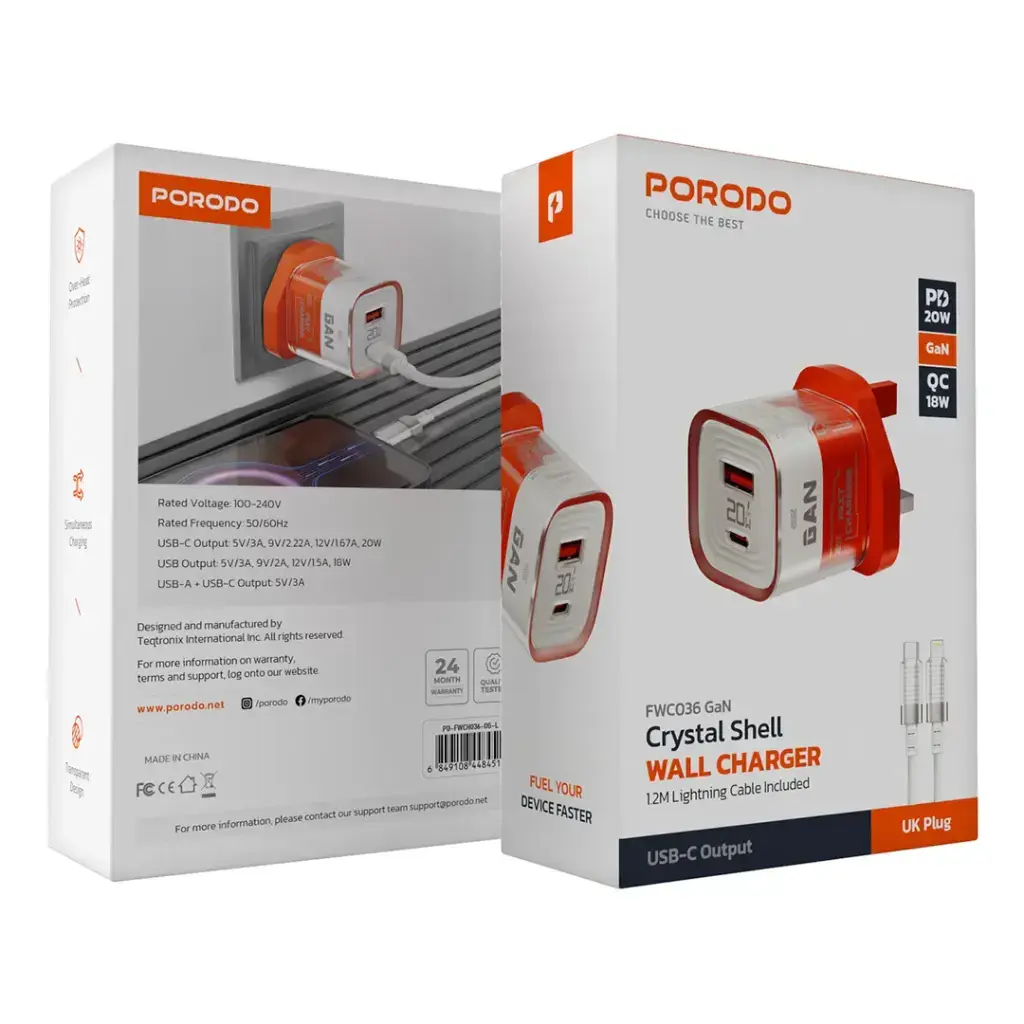 Porodo Crystal Shell GaN Wall Charger ( with USB-C/Lightning Cable) - Orange Porodo Crystal Shell GaN Wall Charger ( with USB-C/Lightning Cable) - Orange