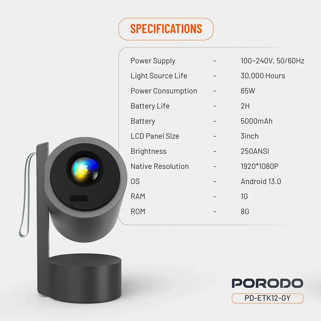 Porodo Full HD Smart Projector - Gray Porodo Full HD Smart Projector - Gray