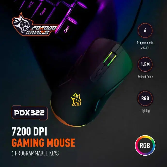 Porodo Gaming Wired Mouse DPI 7200 with RGB Light - Black Porodo Gaming Wired Mouse DPI 7200 with RGB Light - Black