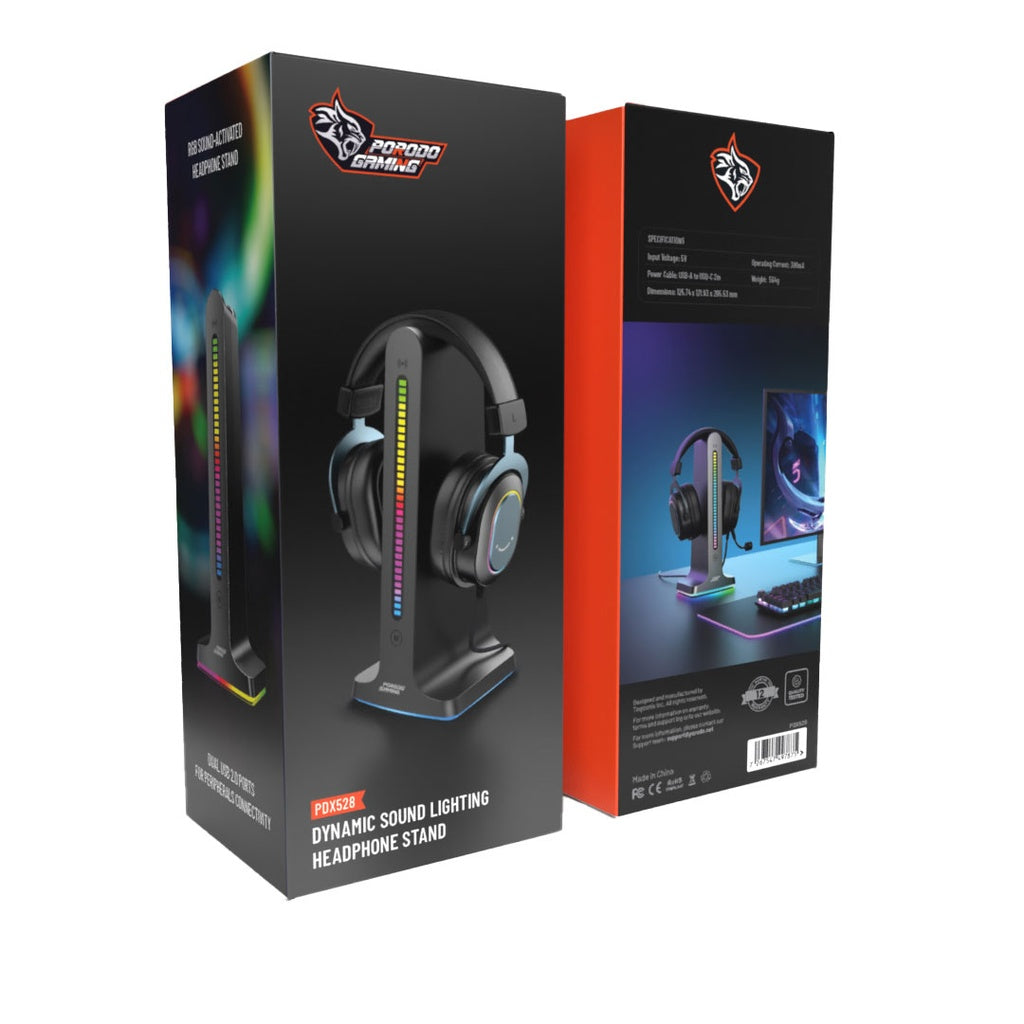 حامل سماعة رأس Porodo Gaming RGB Dynamic Sound Lighting مع تخزين الكابلات 300 مللي أمبير - أسود 