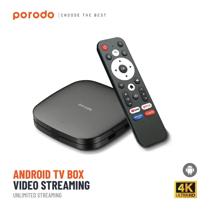 Porodo Android TV Box 1080P 2GB RAM 8GB ROM Support 4K - Black