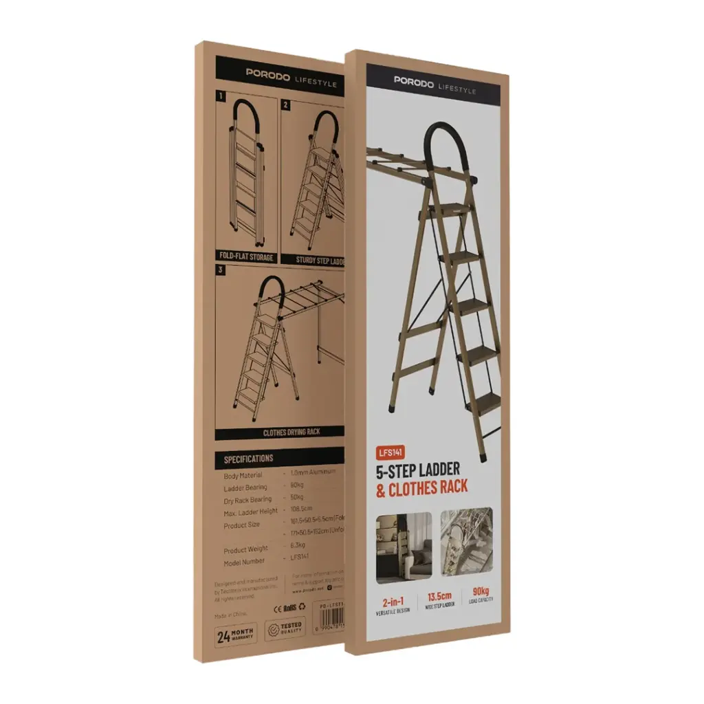 Porodo Lifestyle 5-Step Ladder & Clothes Rack - Champagne Porodo Lifestyle 5-Step Ladder & Clothes Rack - Champagne