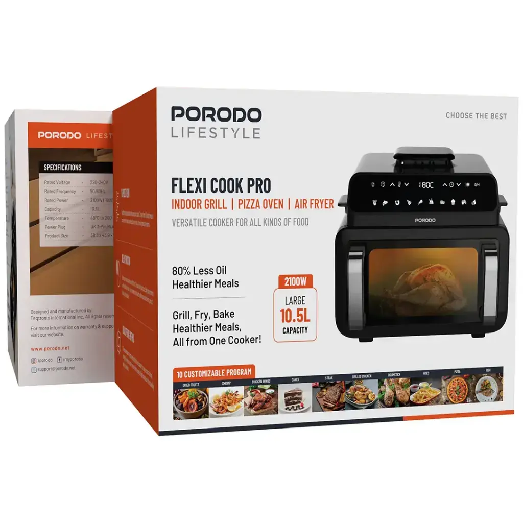 Porodo Lifestyle Flexi Cook Pro Indoor Grill, Pizza Oven, Air Fryer - Black Porodo Lifestyle Flexi Cook Pro Indoor Grill, Pizza Oven, Air Fryer - Black