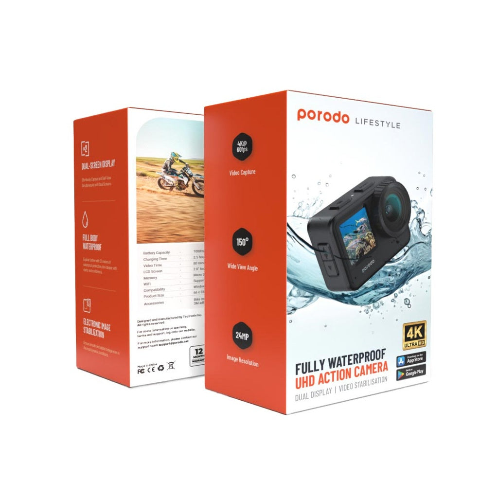 Porodo Lifestyle Fully Waterproof UHD Action Camera Dual Display With Video Stabilisation